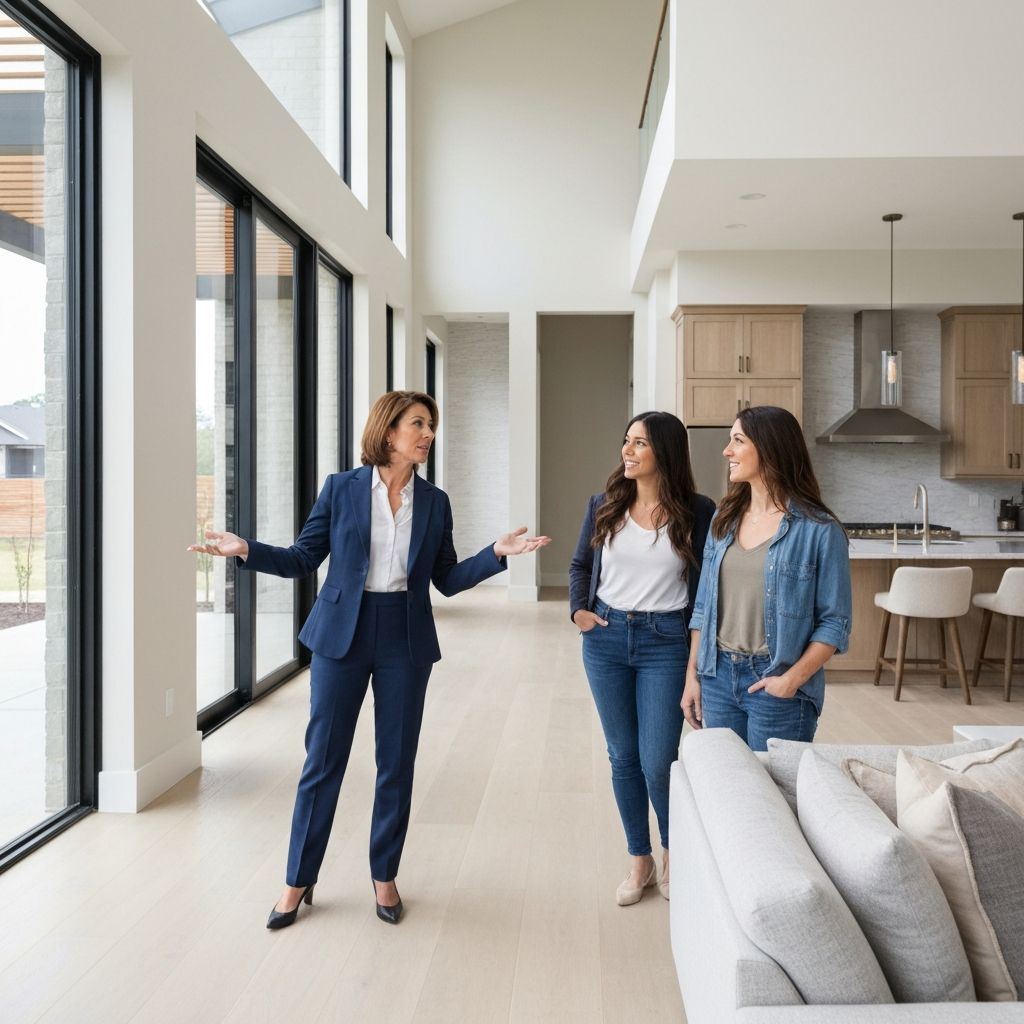 Real estate agent showing clients around a house